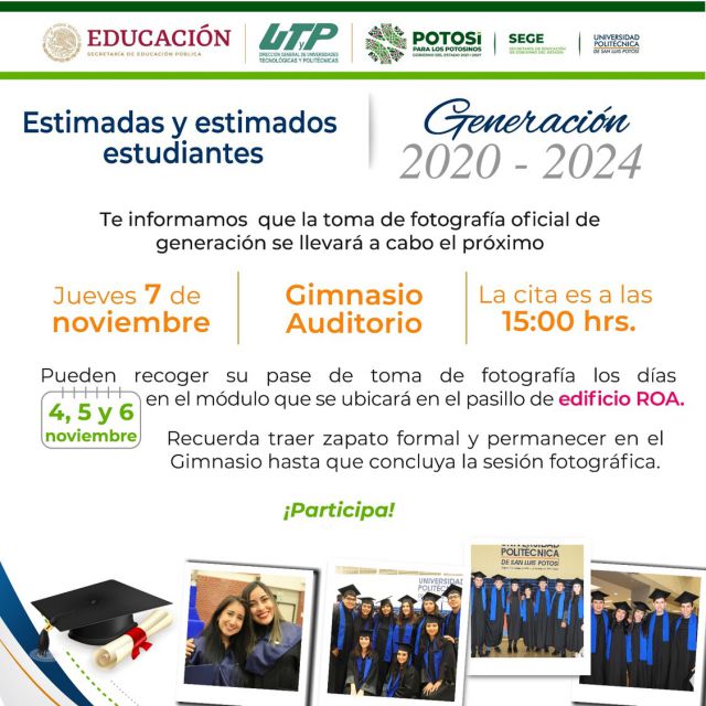 📣Estimada y estimado estudiante de la Generación 2020-2024.
Te informamos sobre la fecha para la toma de fotografía de generación.👩‍🎓🧑‍🎓

🛑𝐃𝐞𝐛𝐞𝐬 𝐫𝐞𝐜𝐨𝐠𝐞𝐫 𝐞𝐥 𝐩𝐚𝐬𝐞, del 4 al 6 de noviembre en horario de 16:00 a 20:00 h, para poder participar. 

#TodasYTodosSomosUPSLP